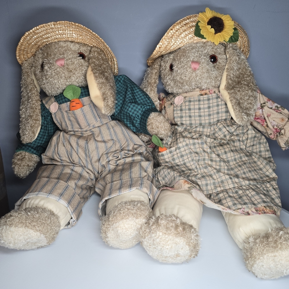 2 Vintage Chosun Farm/Country Bunny Rabbit Plush Dolls-21" Long-Boy/Girl-Easter